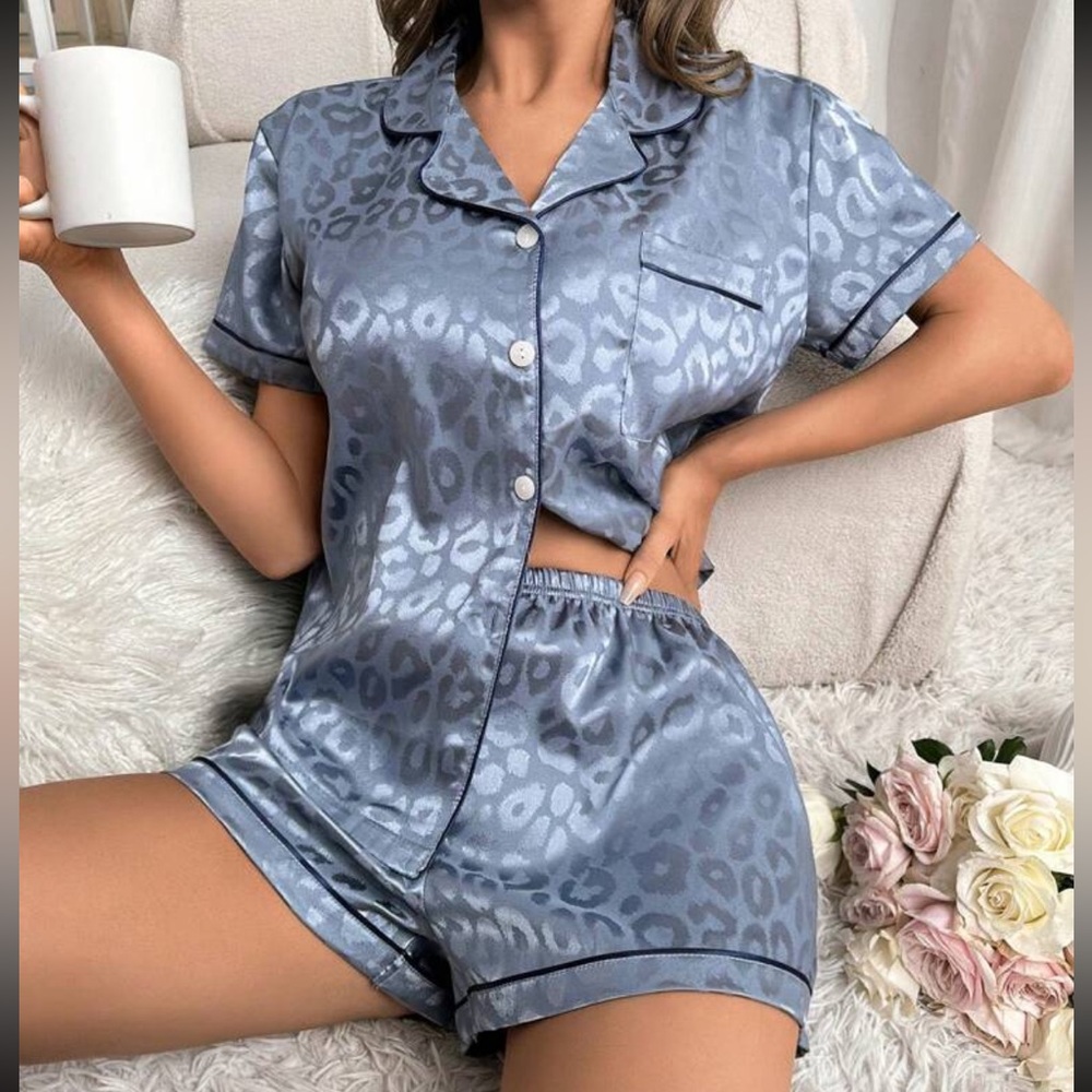 Blue cheetah print satin pajamas